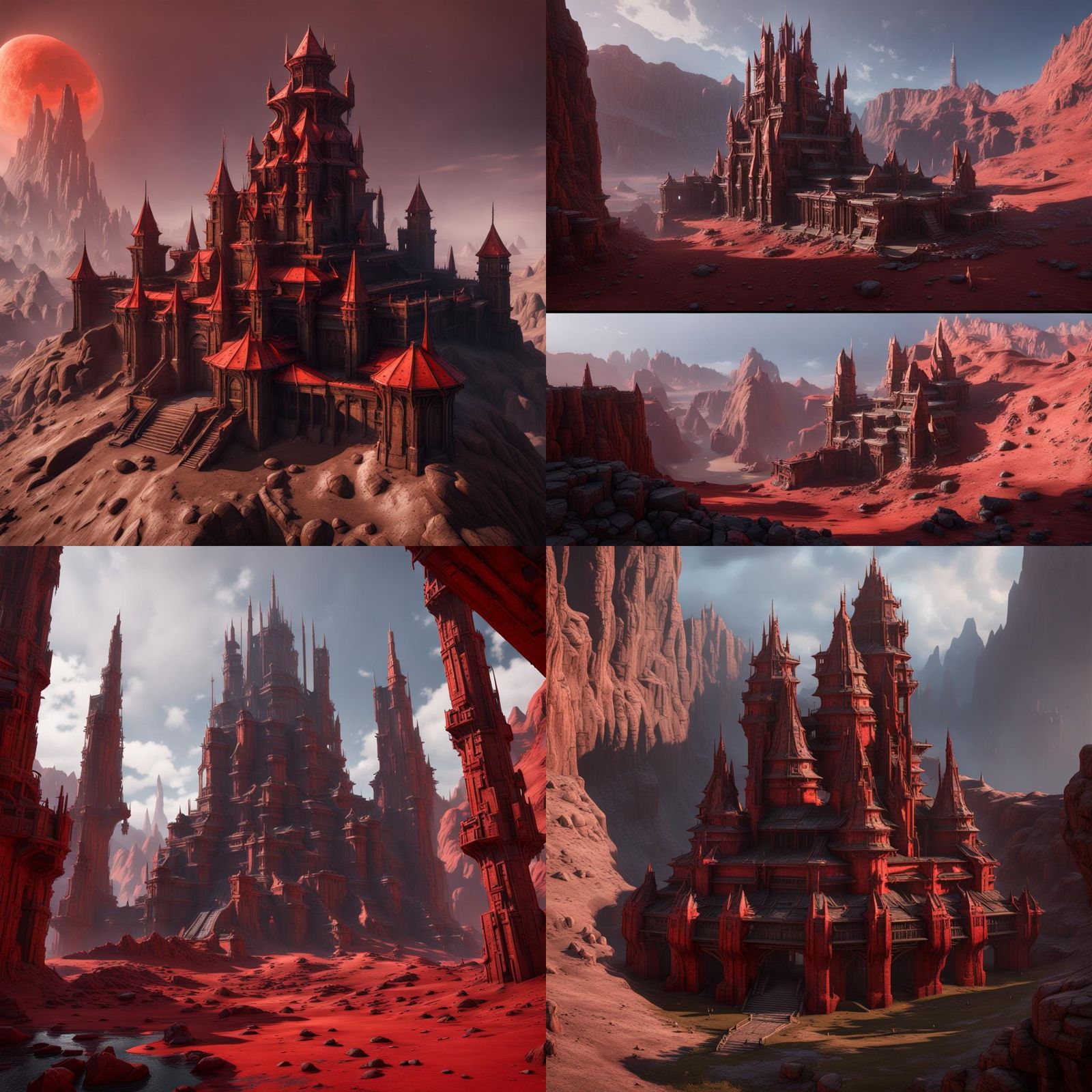 Detailed Orc Fortress with Red Spires in Sci-Fi Style
