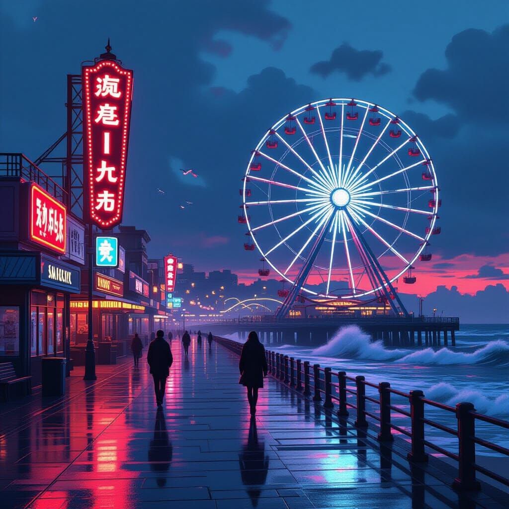 Boardwalk at Dusk in Retro-Futuristic Style