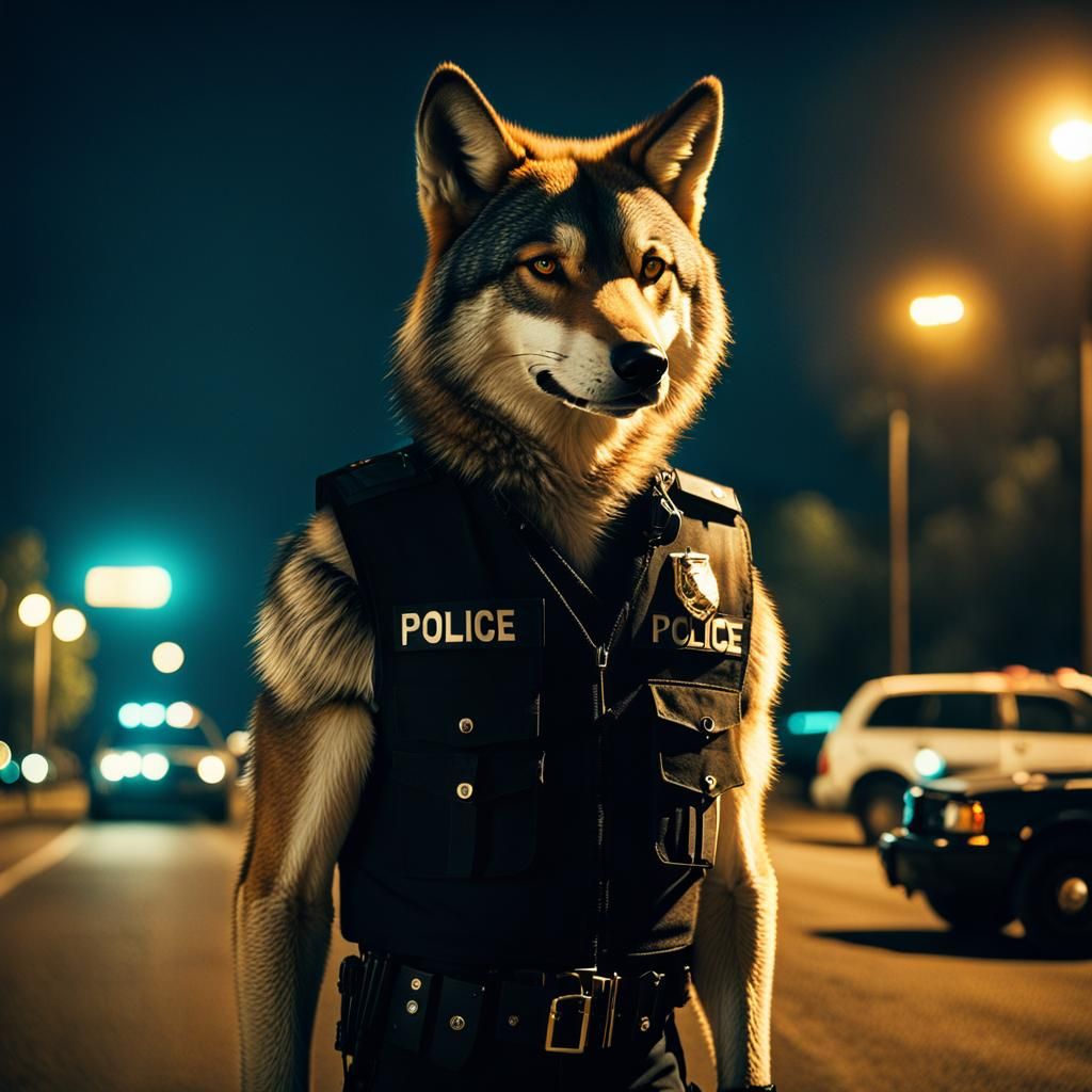Anthropomorphic Police Wolf in Cinematic Stance