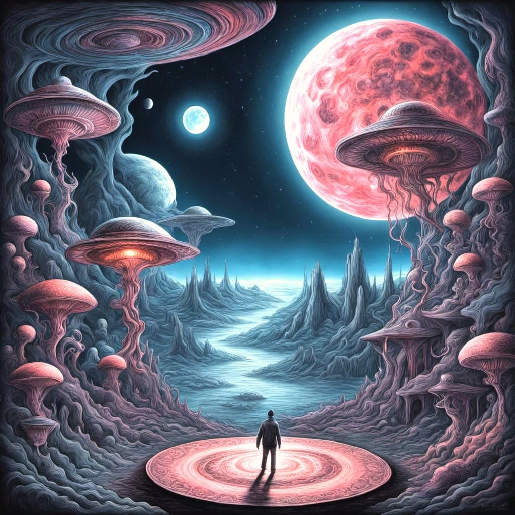 Pink Planet Cafe With Aliens Under Blue Moon