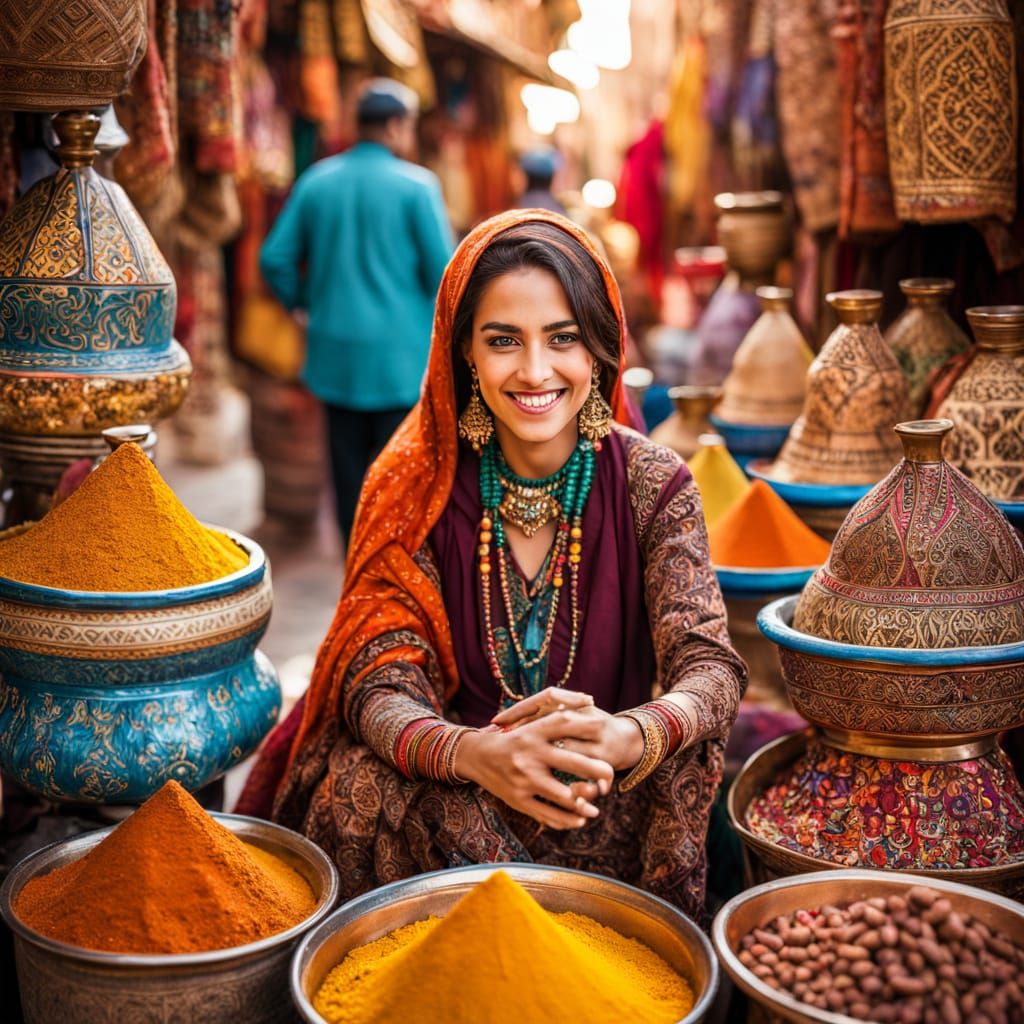 Elegant Moroccan Woman in Vibrant Market Scene