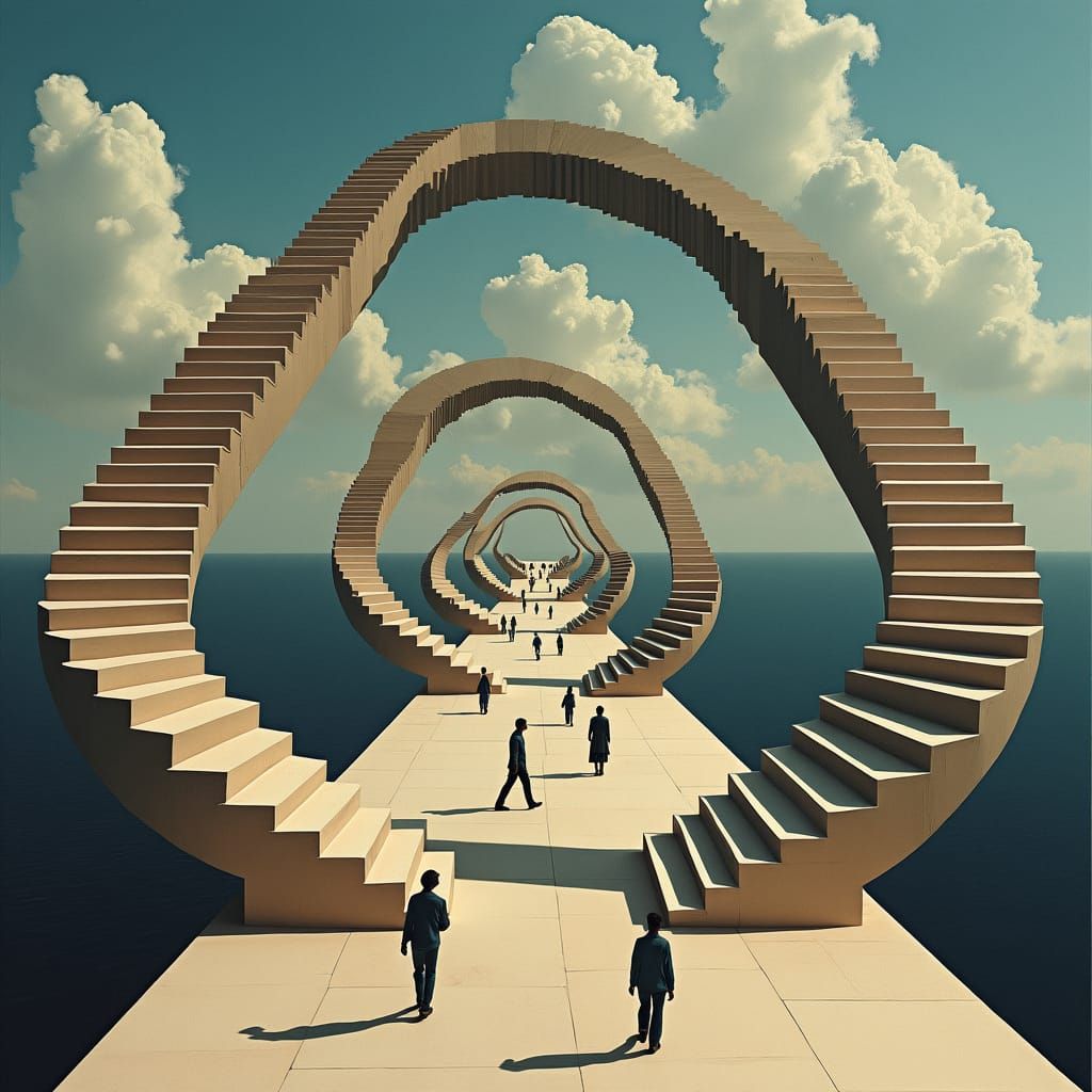 Surreal Dreamscape: Spiraling Stairs and Odd Angles