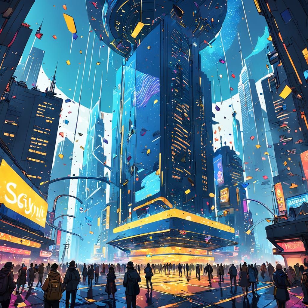 Futuristic New Year's Celebration in Vibrant Blue and Gold