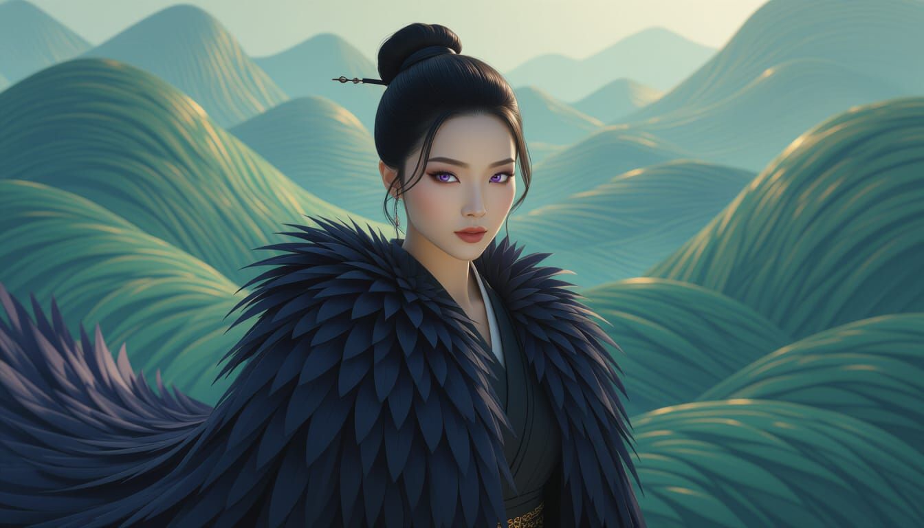 Feathered Portrait in Purple, Green, and Gold