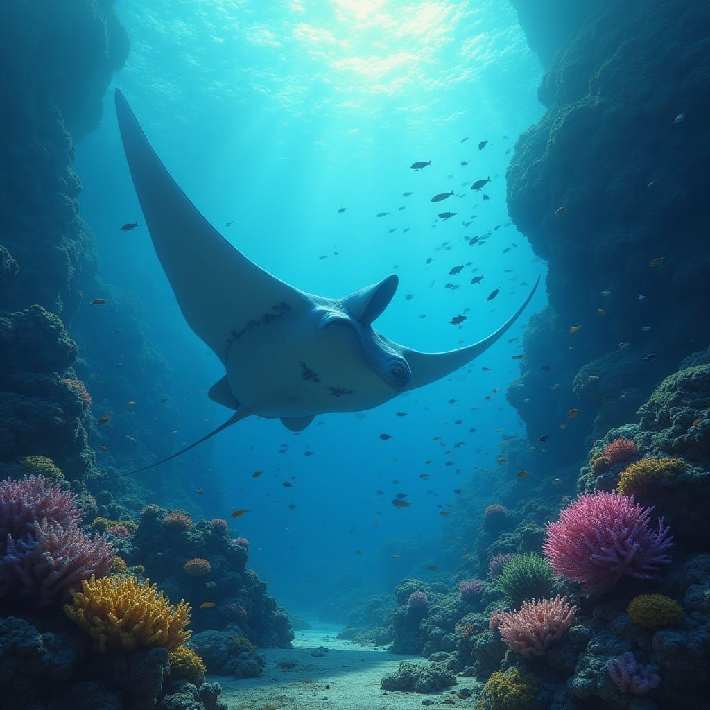 Manta Ray Glides Through Dreamlike Coral Reef