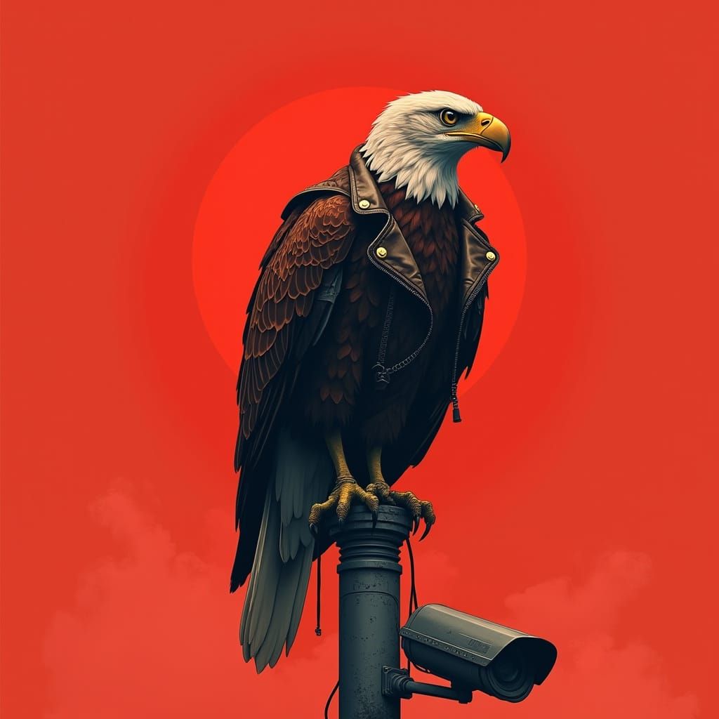 Eagle in Leather Jacket with CCTV Camera