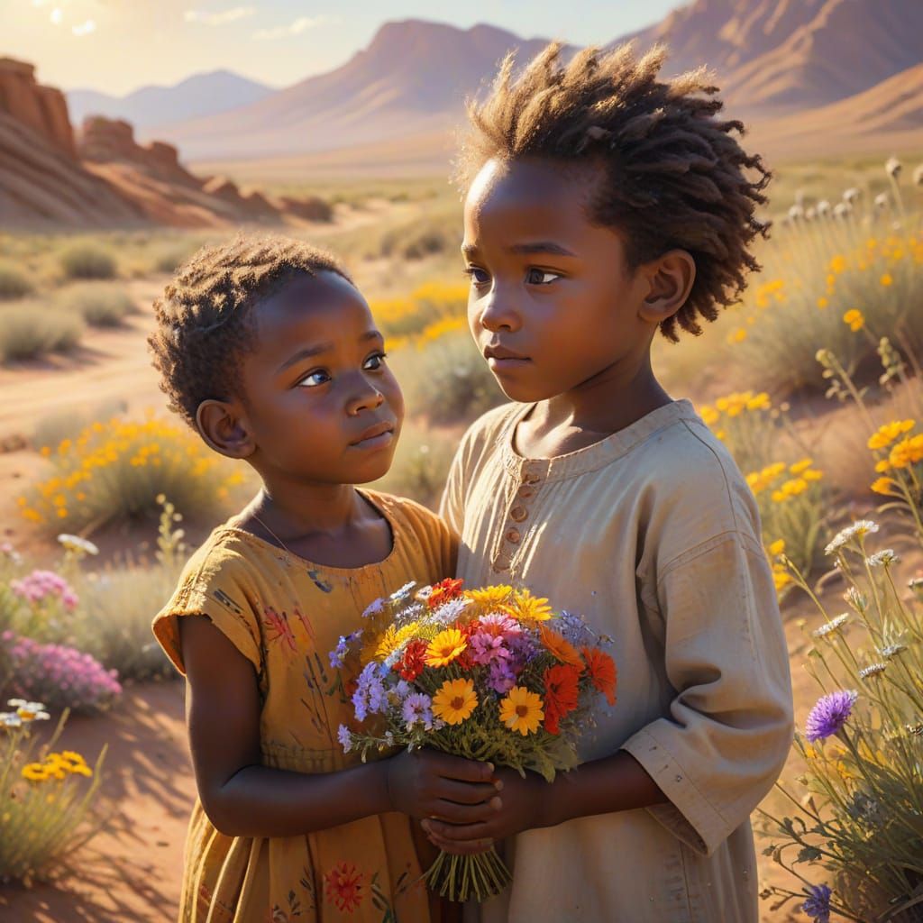 Small African Child Presents Vibrant Wildflowers in Oil Pain...