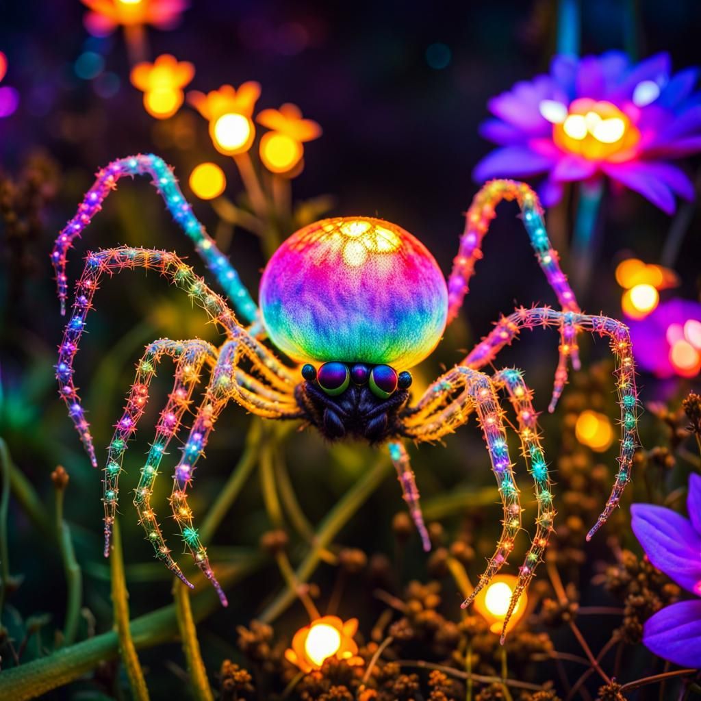 Spider made of flowers. Many beautiful rainbow spiderwebs in...