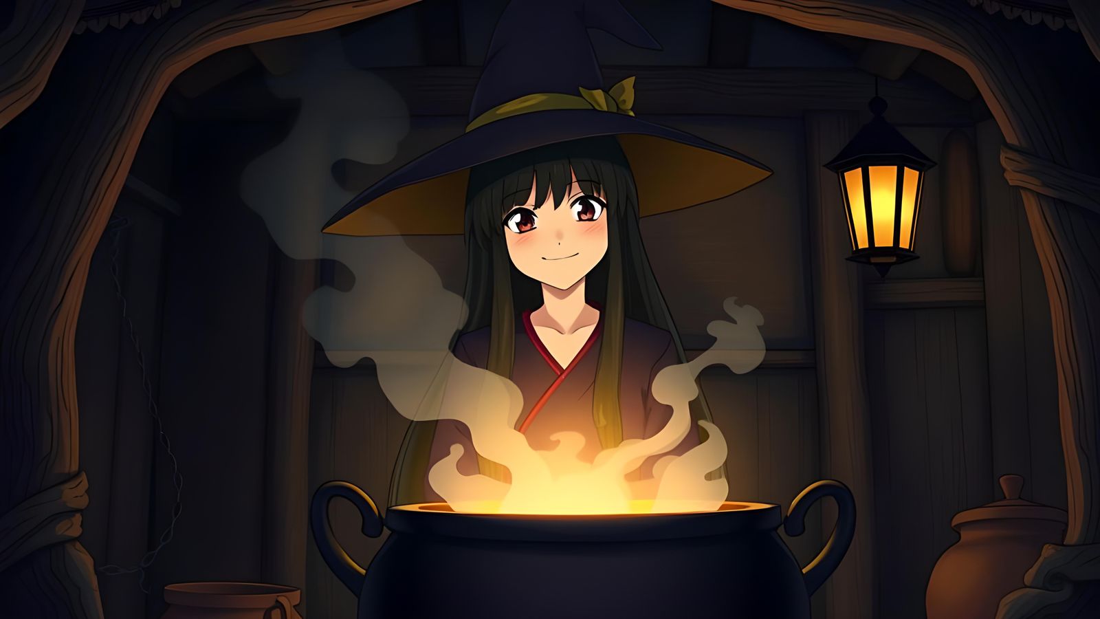 Japanese Witch and Glowing Cauldron, Anime Style