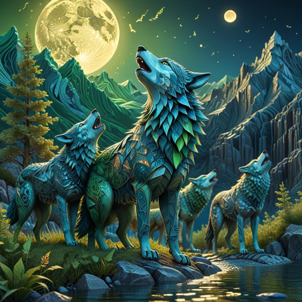 Wolf Pack Howling: Surrealist Moonlit Landscape
