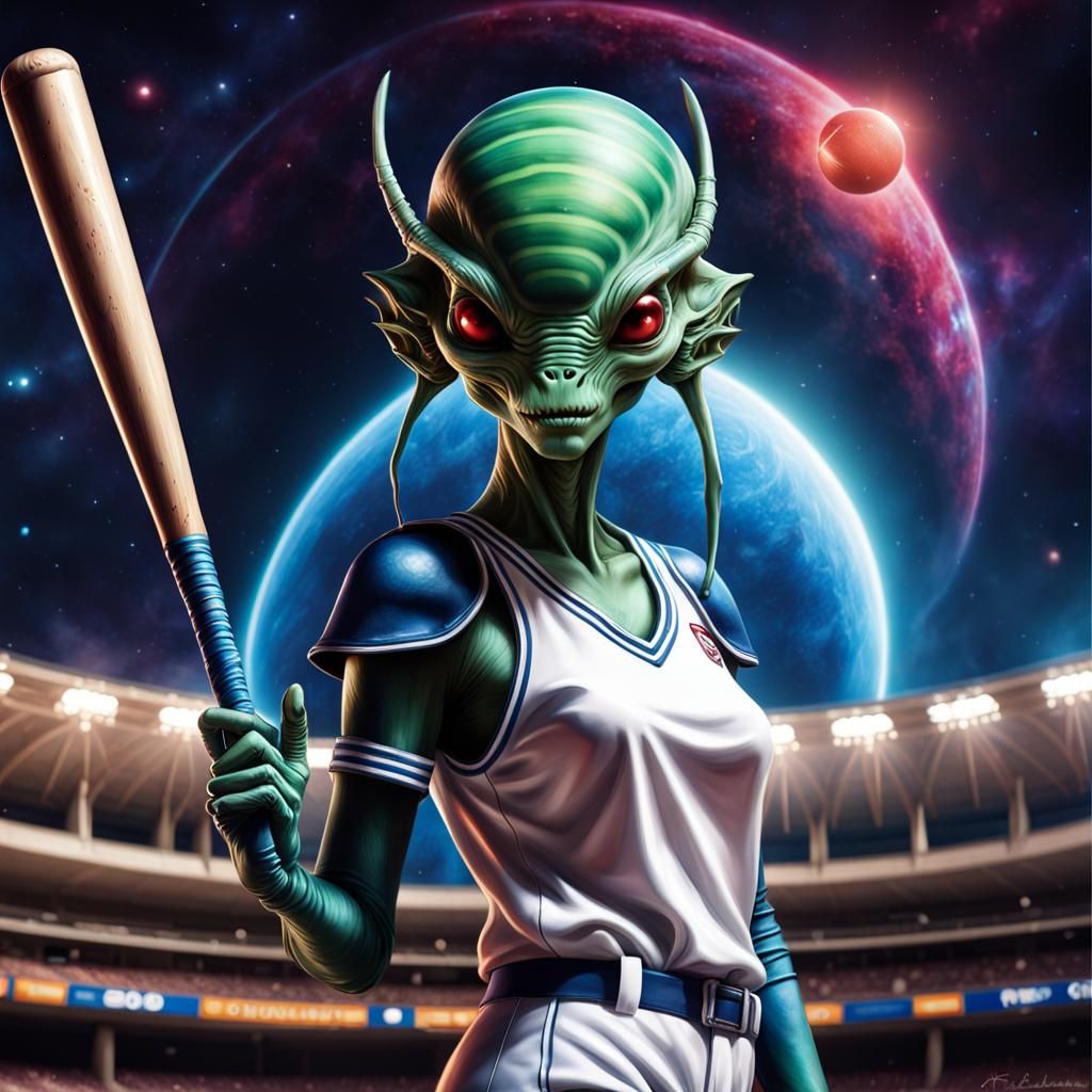Alien Baseball Player in Cosmic Stadium