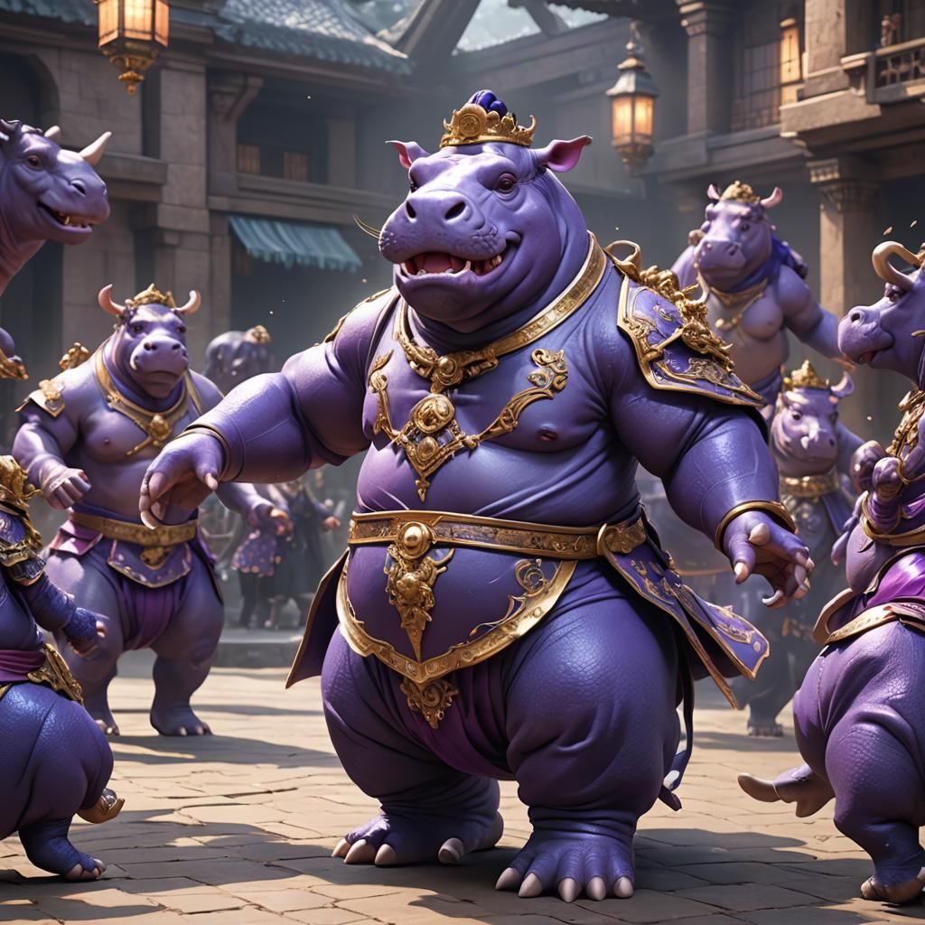 Dancing Purple Hippopotamus in High Fantasy Style