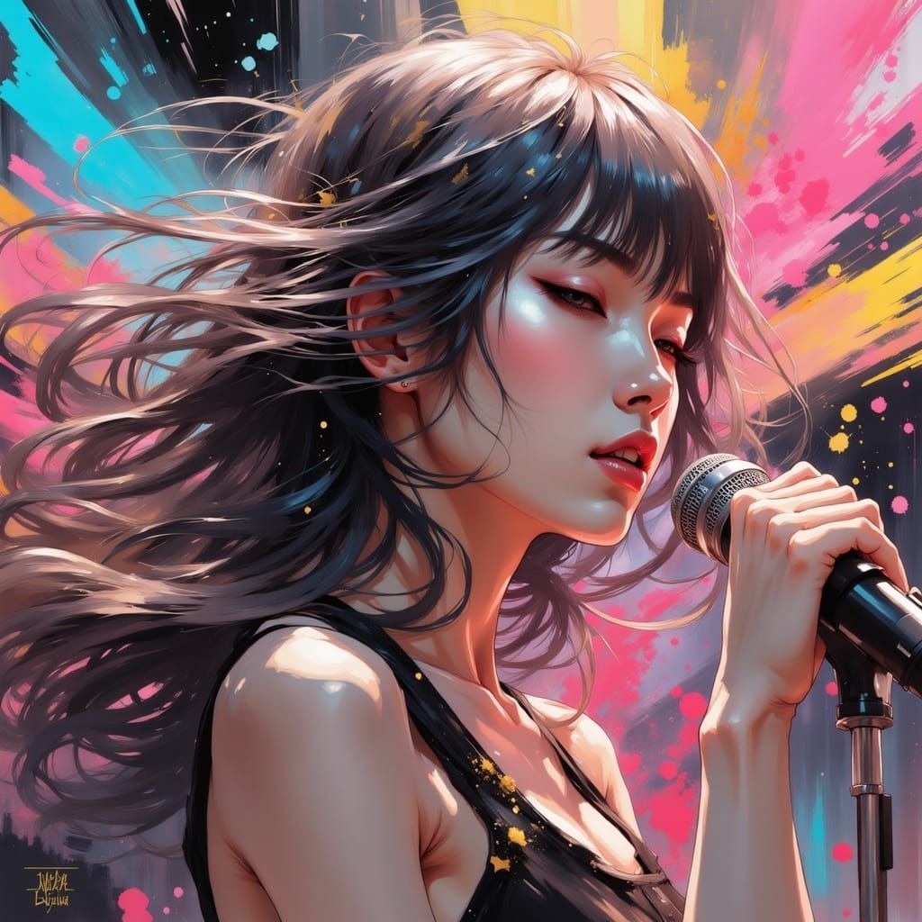 Hyperrealistic Korean Girl Band Singing Splash Art