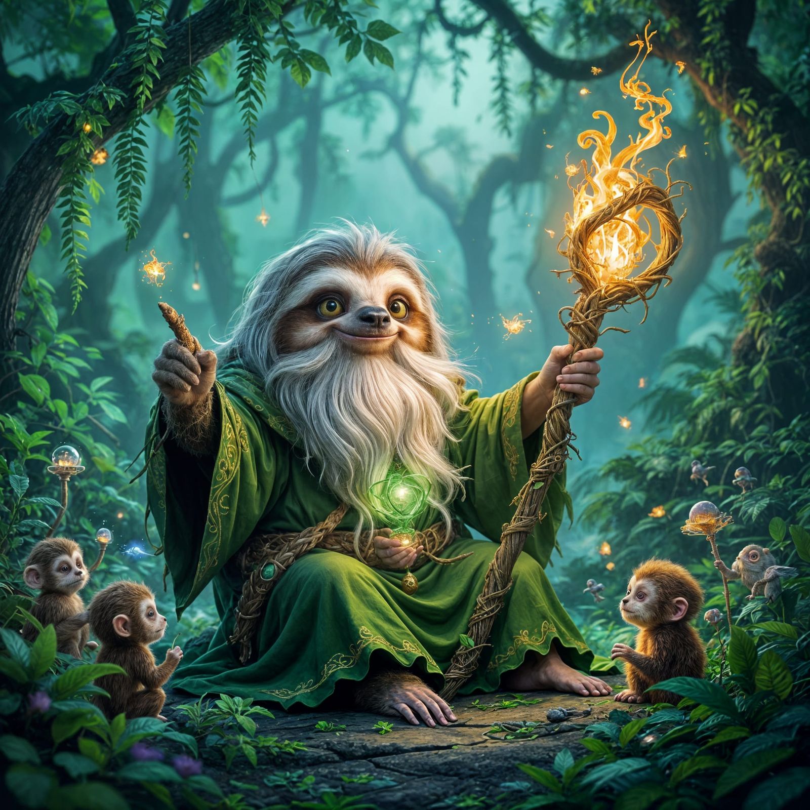 Wise Sloth Wizard Conjures Forest Spirits in Enchanted Rainf...