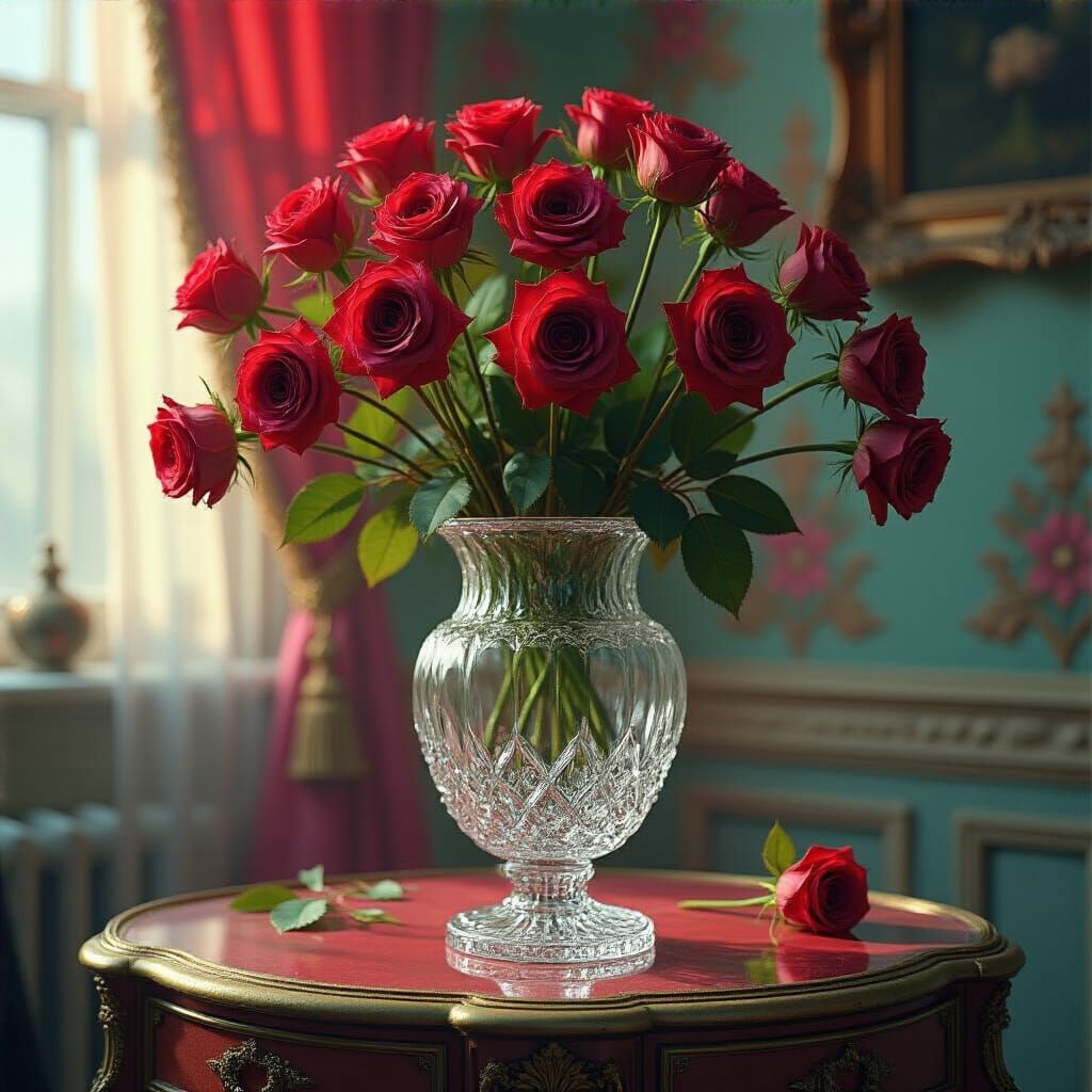 Ornate Crystal Vase with Red Roses: Hyperrealistic Image
