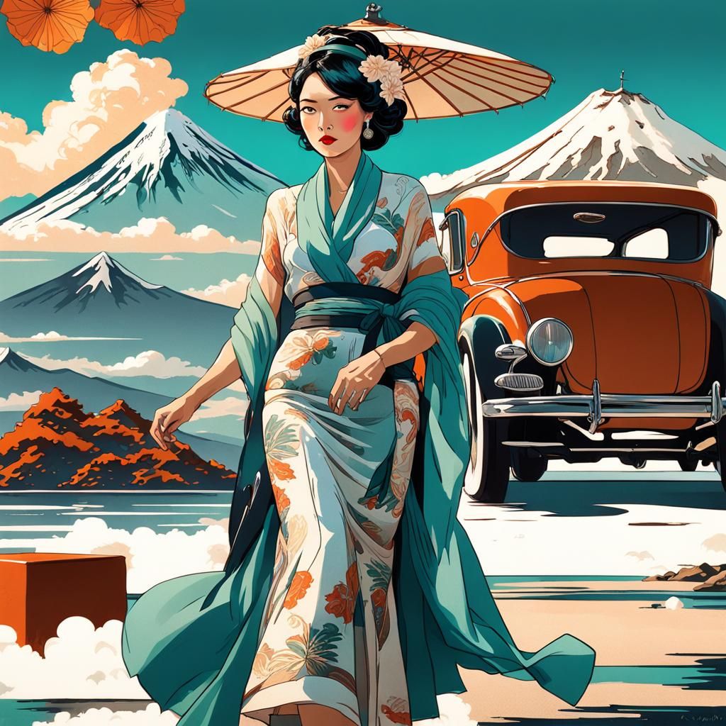 1930s Travel Poster: Asian Woman with Mount Fuji