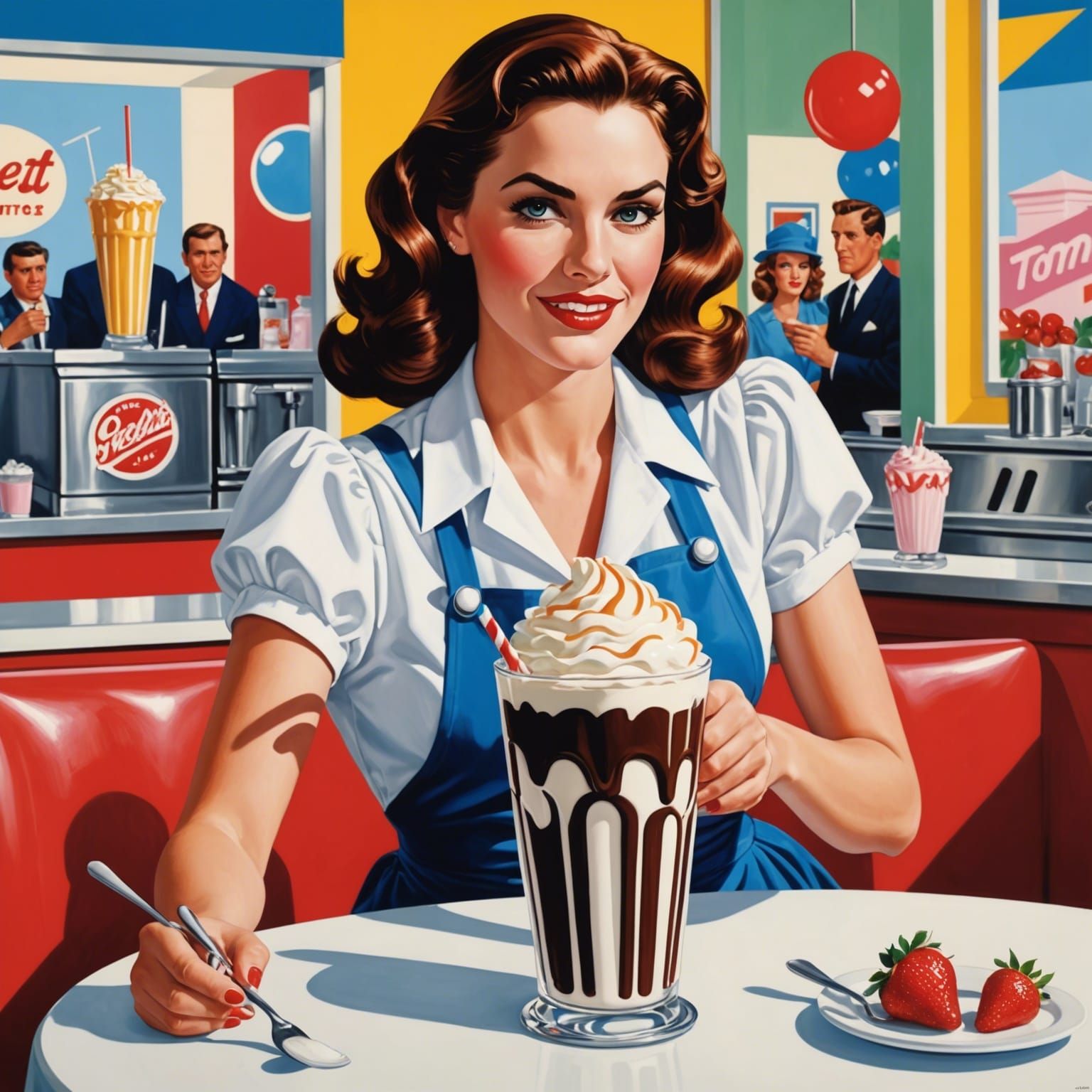 Waitress Serving Milkshake in Pop Art Style