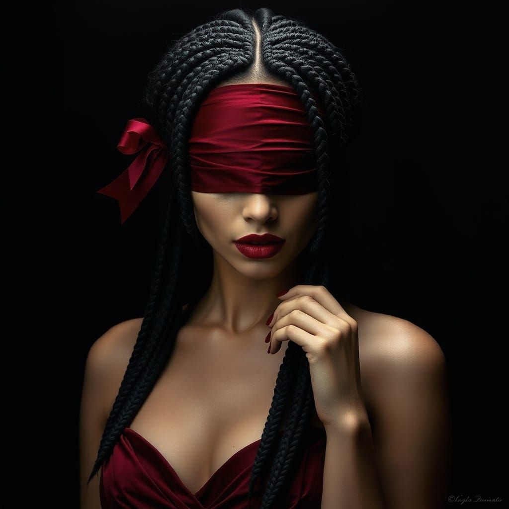 Surrealistic Portrait of a Blindfolded Beauty in Deep Shadow...