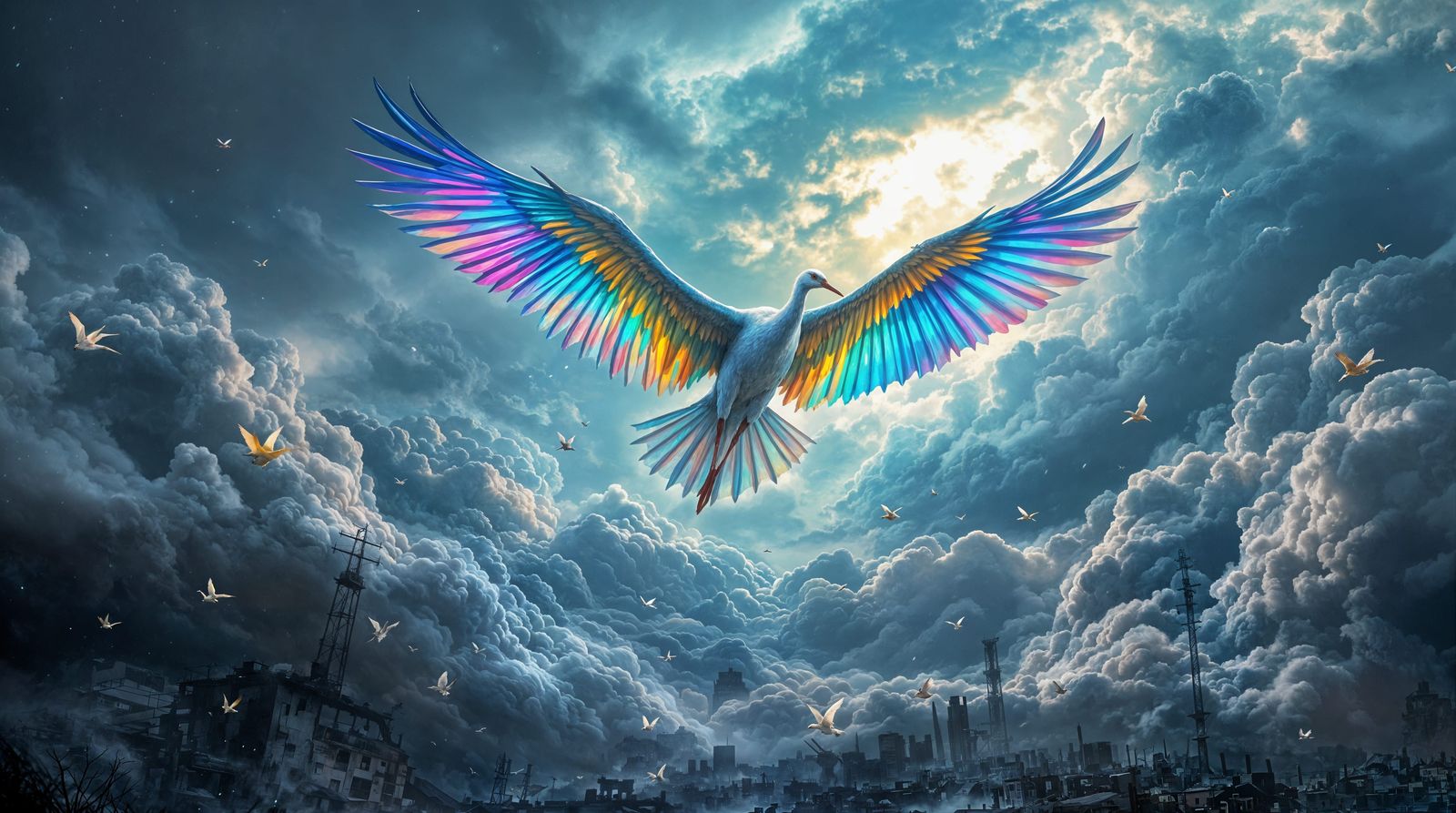 Iridescent Crane Soars Through Stormy Skies in Vibrant Color...