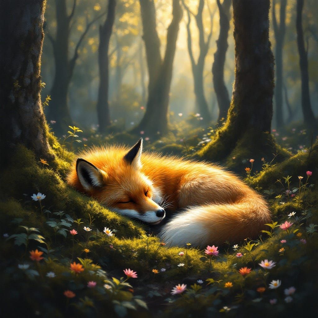 Sleeping Red Fox in Sunlit Forest, Oil Painting