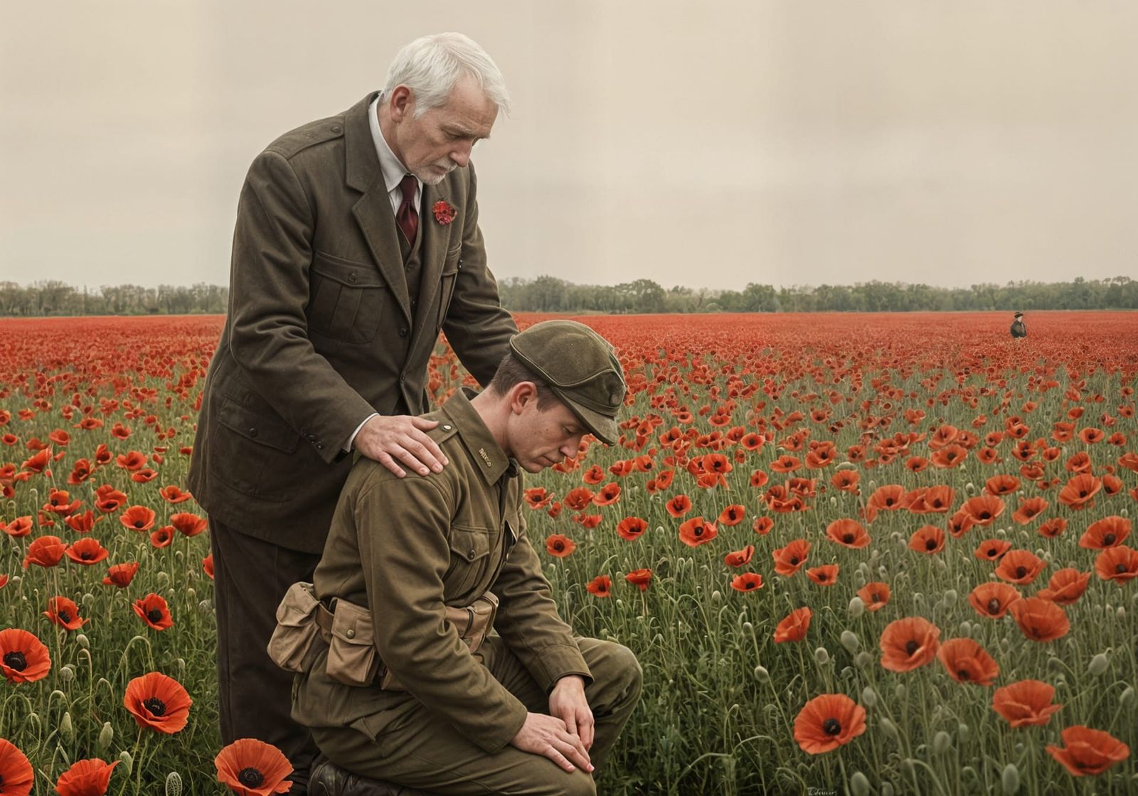 WWI Soldier Mourns Fallen Comrades Amongst Poppies