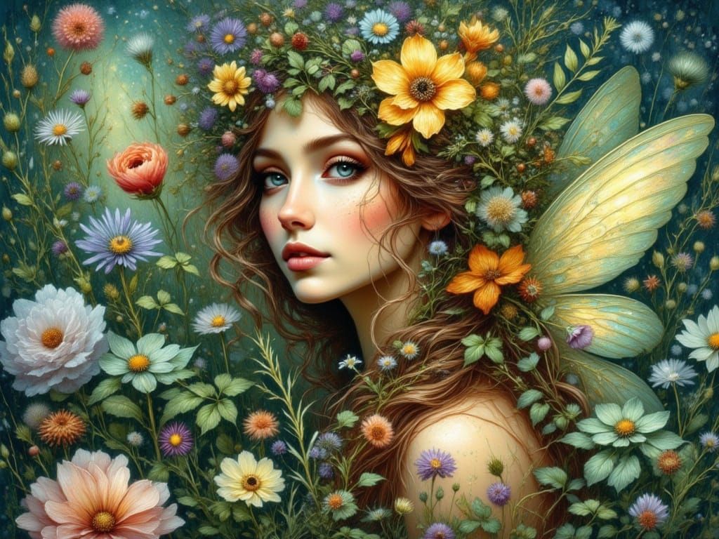 Ethereal Fairy Face Amidst Wildflowers in Romantic Illustrat...