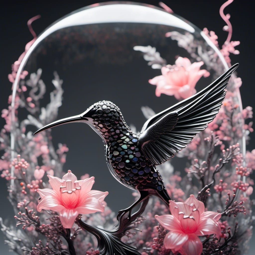 Opalescent Glass Hummingbird with Pink Flowers