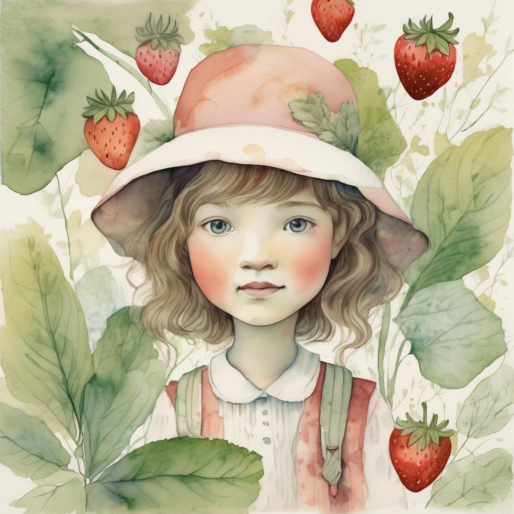Whimsical Strawberry Schoolgirl in a Watercolor Garden