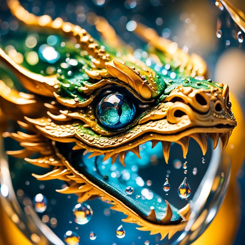 Macro Photo of Chinese Dragon in Raindrop