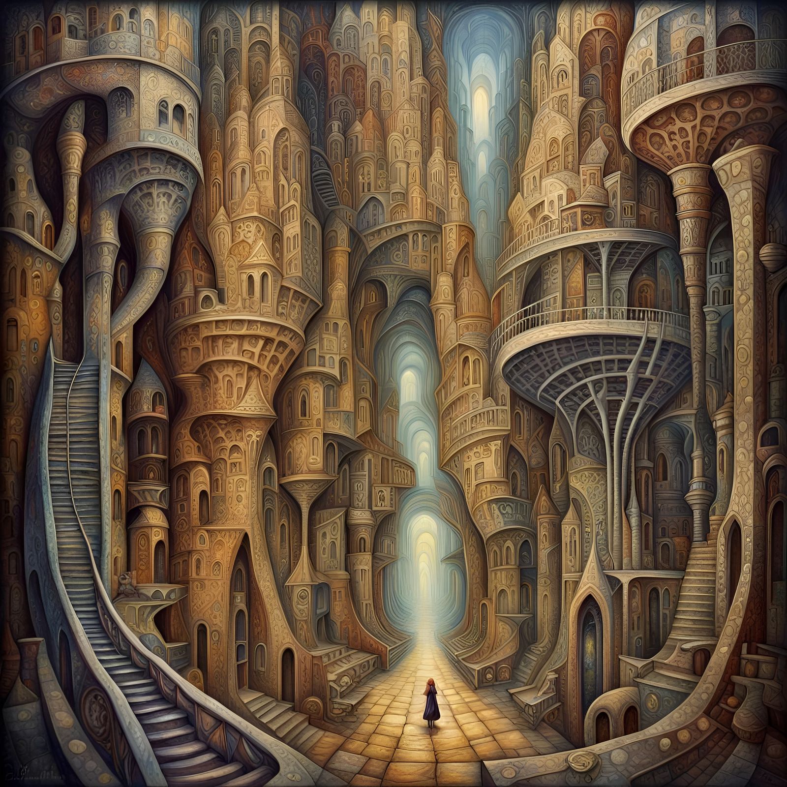 Mysterious Surreal Underground City: Gothic Oil Painting