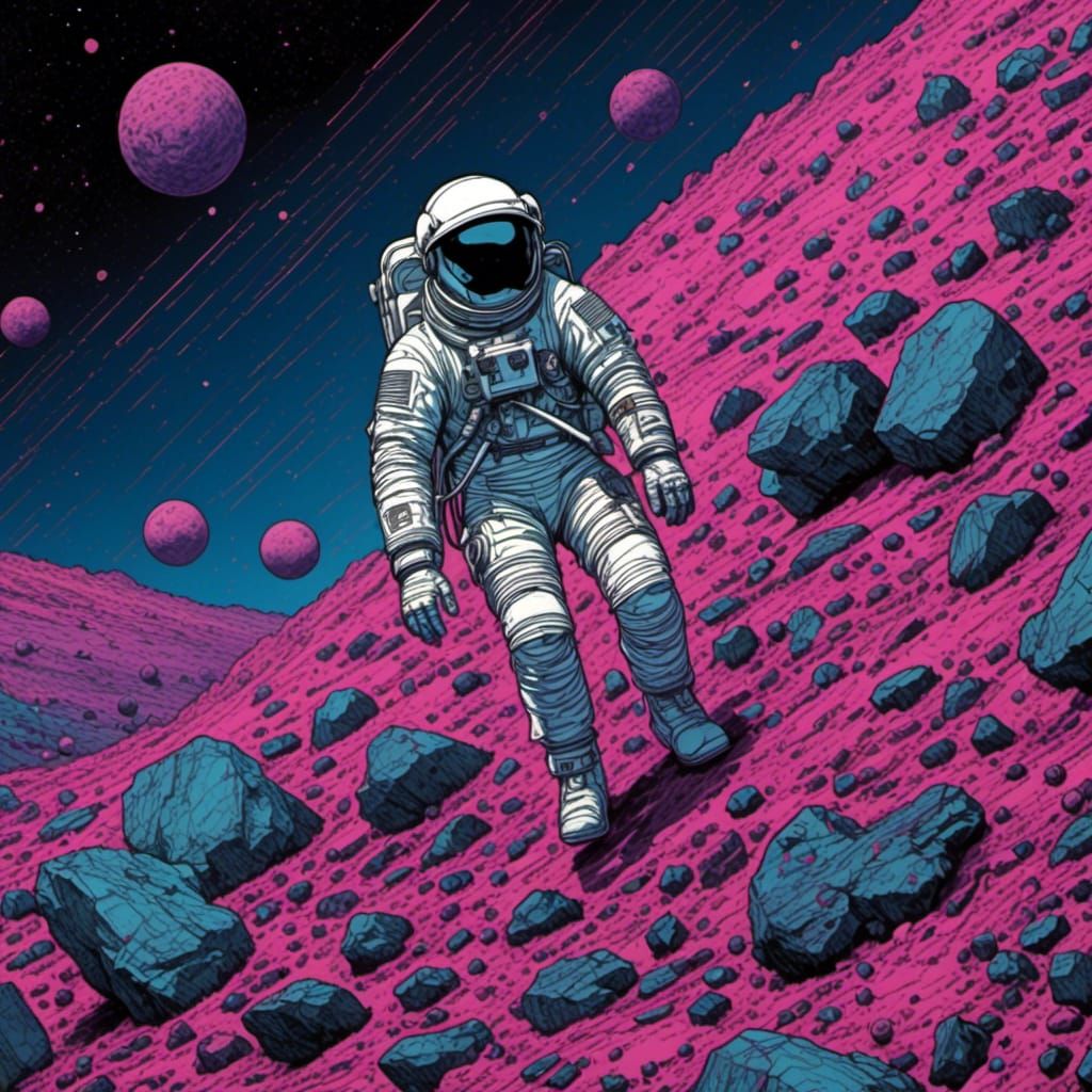 Spaceman navigating an asteroid field <lora:Neon Roast:1.0>