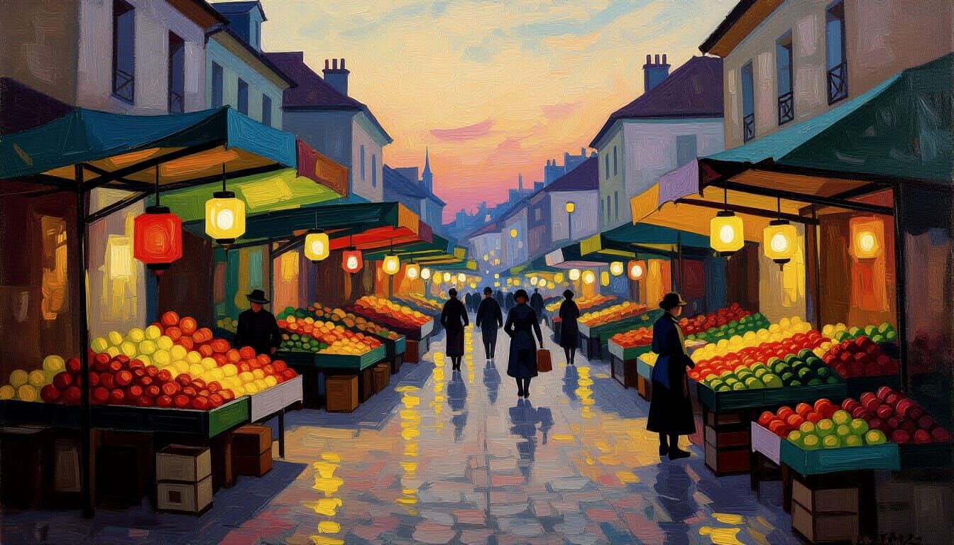 Vibrant Street Market at Dusk in Impressionist Style