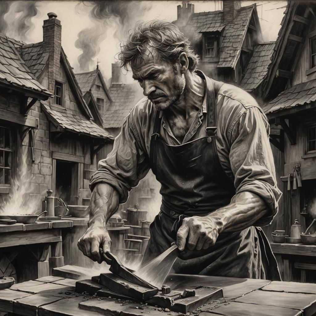 Dramatic Charcoal Portrait of a Blacksmith at Work