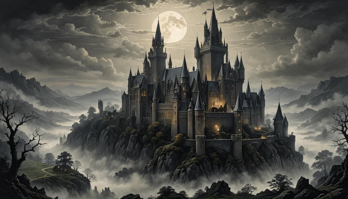 Medieval Castle in Moonlight and Fog: Gothic Illustration