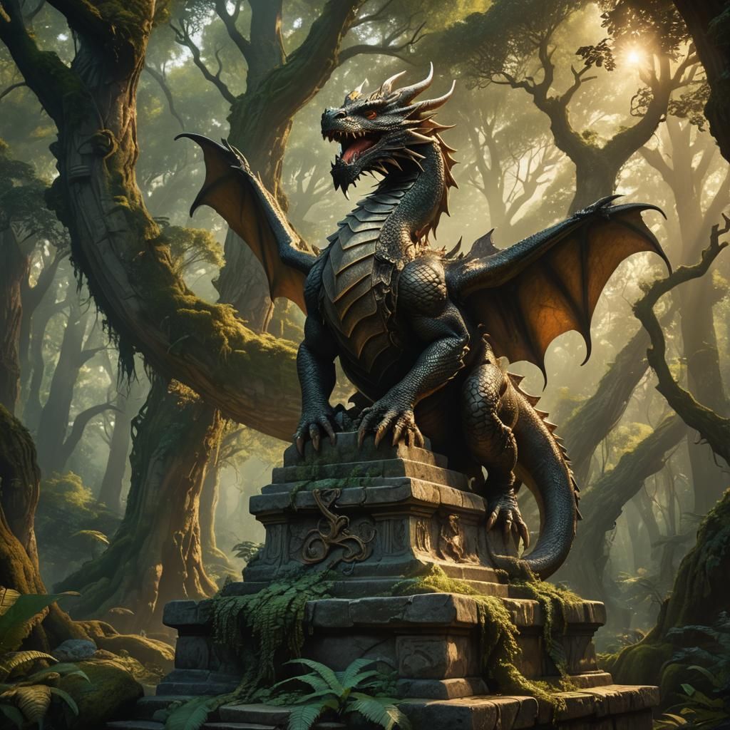 Dragon on Stone Pedestal in Mystical Forest