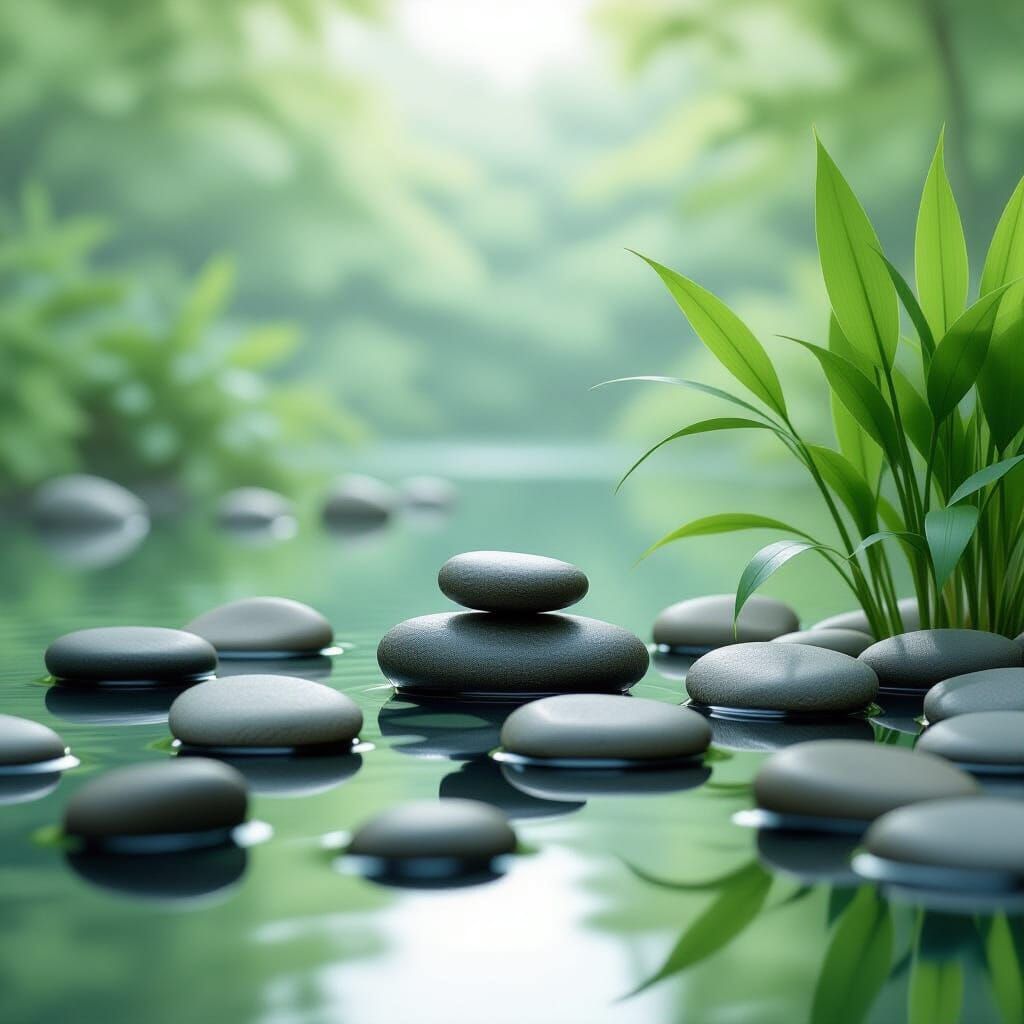 Serene Water Reflection with Stones and Plants in Soft Light