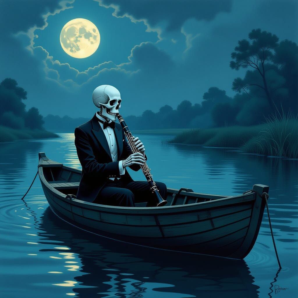 Skeleton Musician in Rowboat Under Moonlight