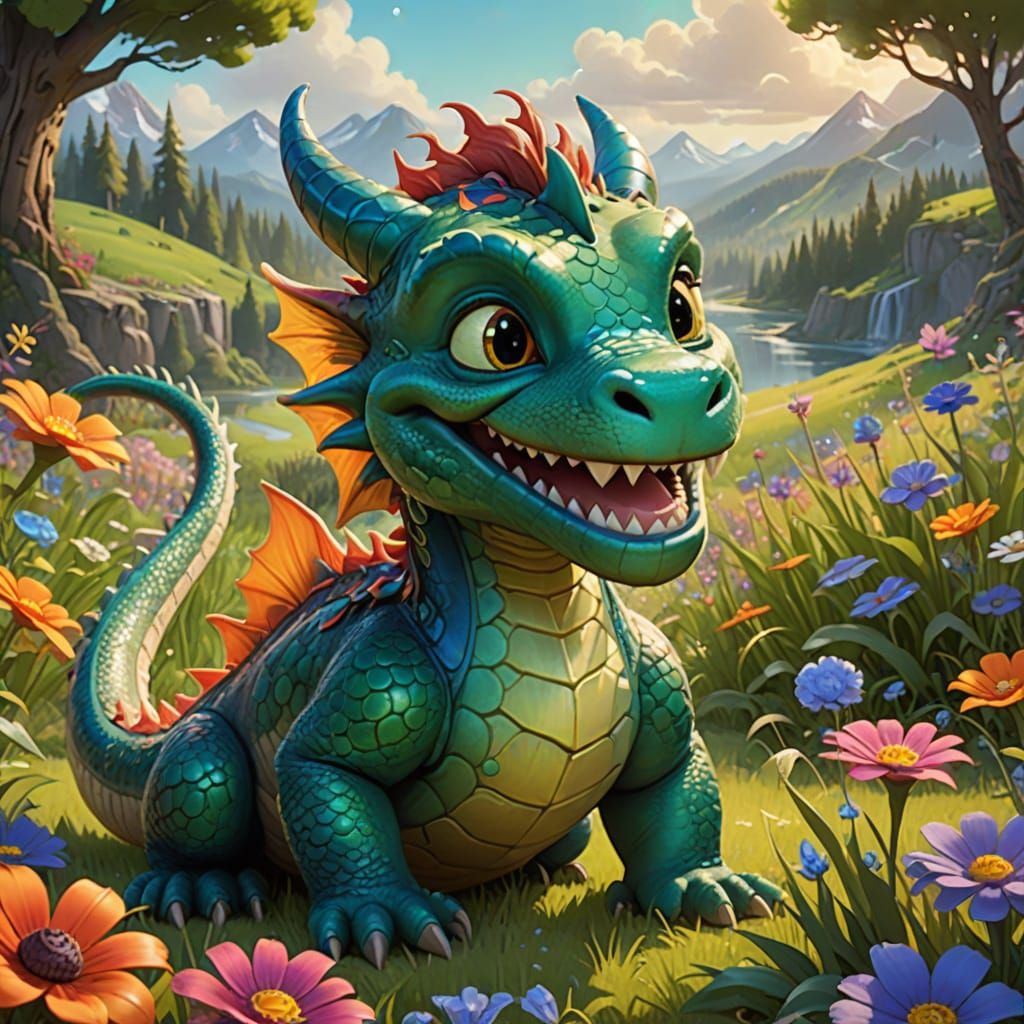 Whimsical Toddler Dragon in a Sunlit Meadow