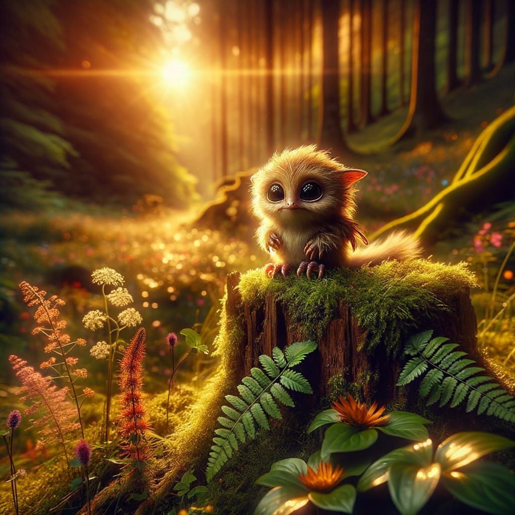 Curious Fantasy Creature in Golden Forest Light