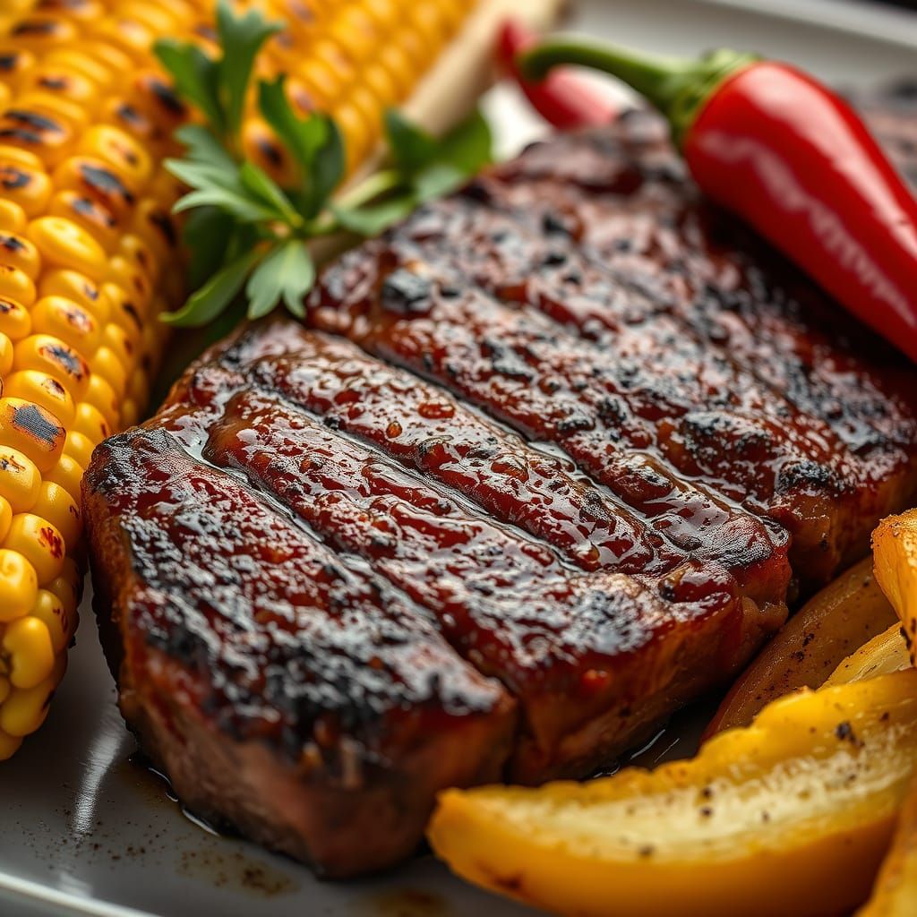 Succulent Steak and Grilled Mielie with Chilli: Food Photogr...