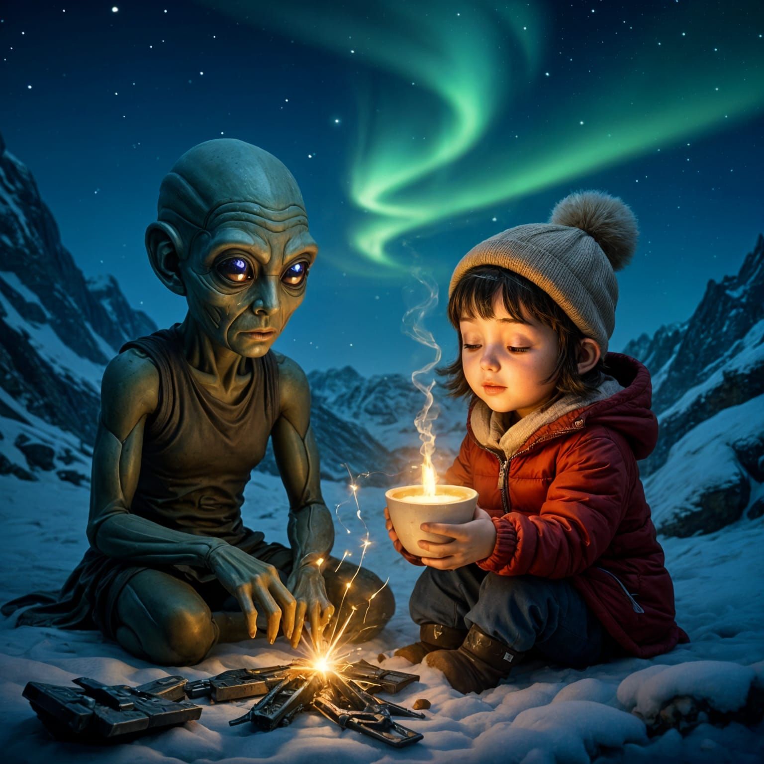 Crashed UFO: Girl Offers Comfort to Alien