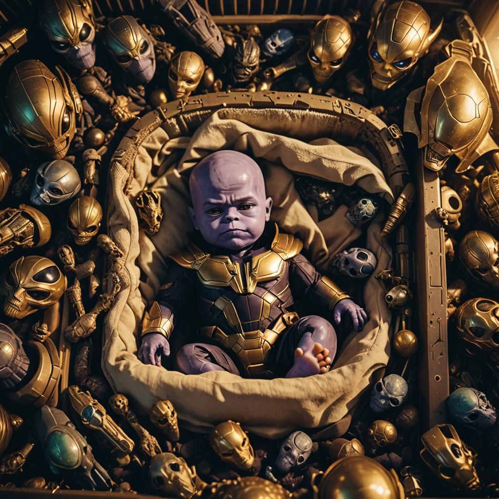 Baby Thanos in Crib with Alien Artifacts