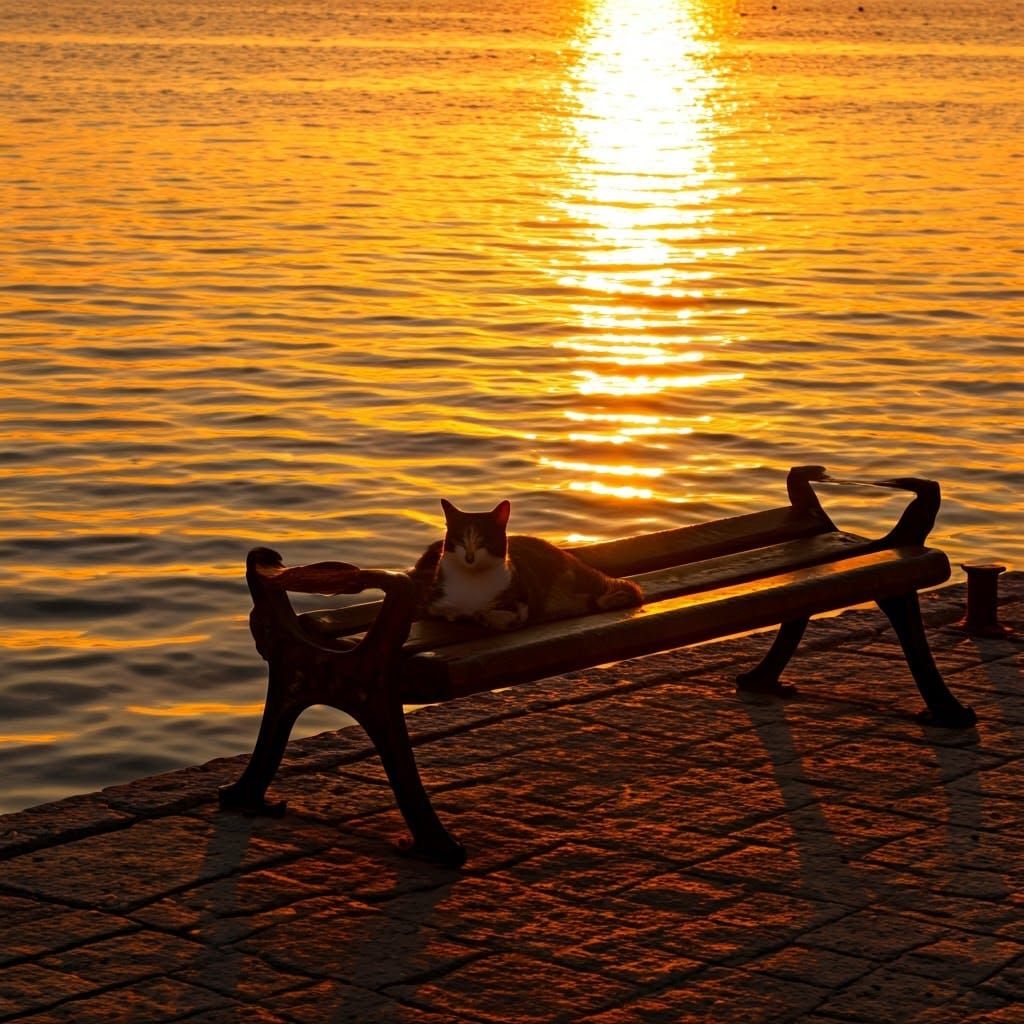 Sunset Harbor Cat Contemplation