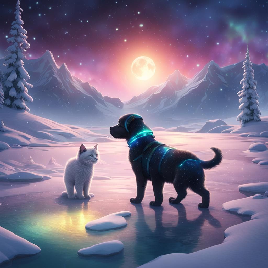 Puppy and Kitten's Arctic Adventure Under Northern Lights