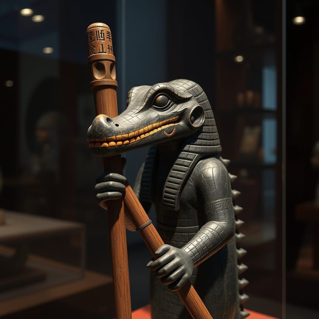 Ancient Egyptian Crocodile God Wooden Puppet in Museum Displ...