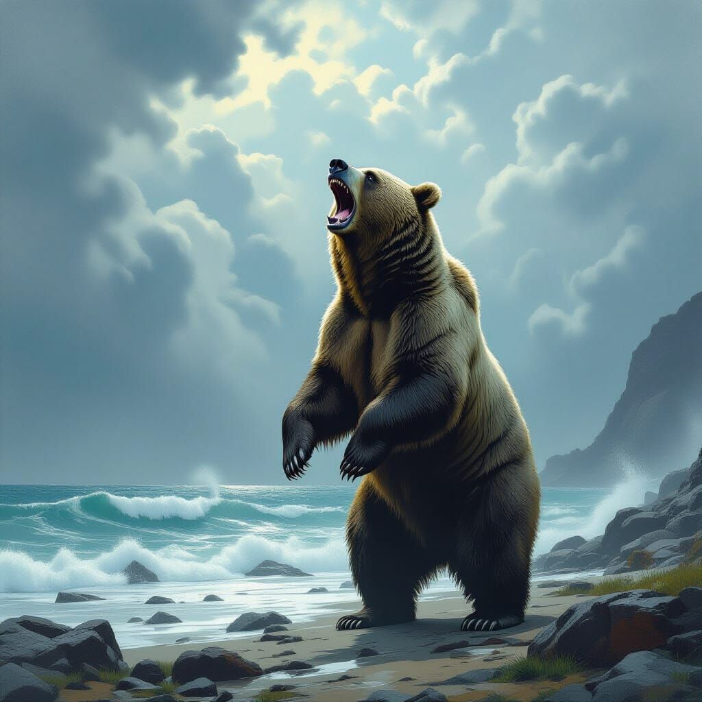 Grizzled Bear Roars at Stormy Coastline in Matte Painting St...