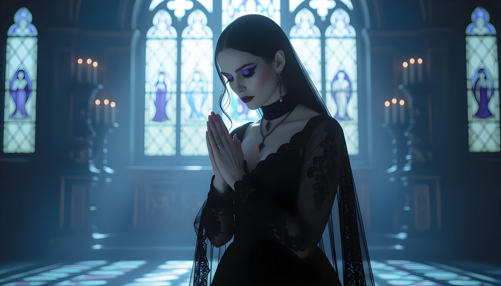 Gothic Woman Praying at Altar in Bright Light