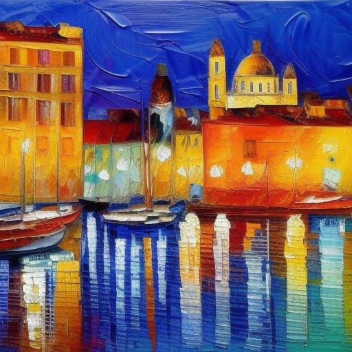 Marseille by Night: Neo-Impressionist Oil Painting