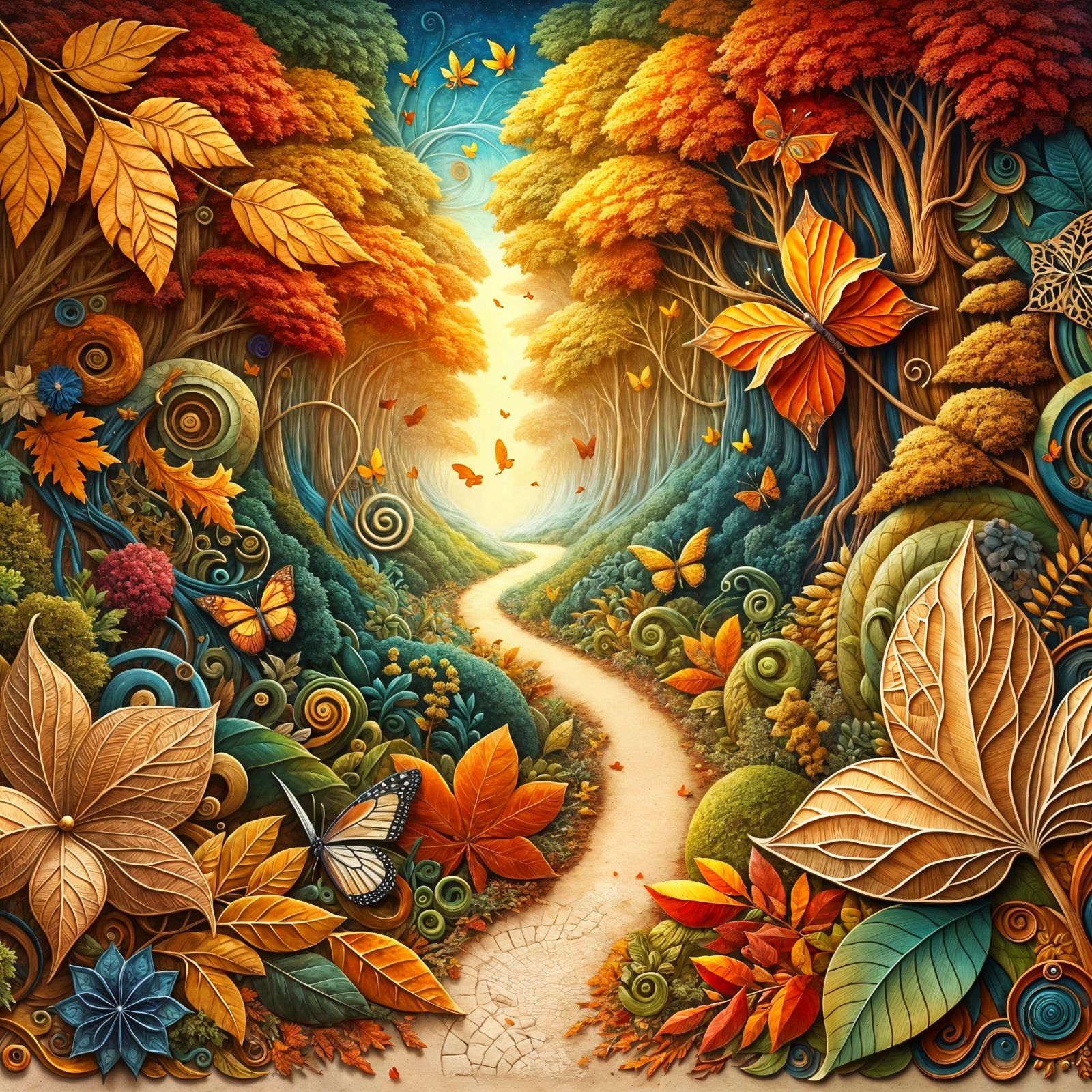 Magical Autumn Forest Path Artwork in Mixed Media Style