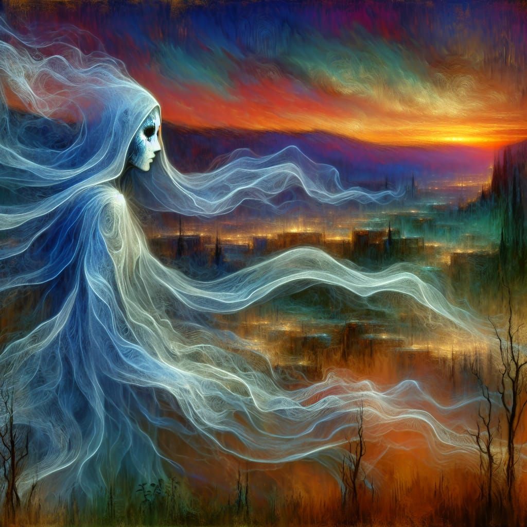 Melancholic Specter in Alien Twilight: Mixed Media Art